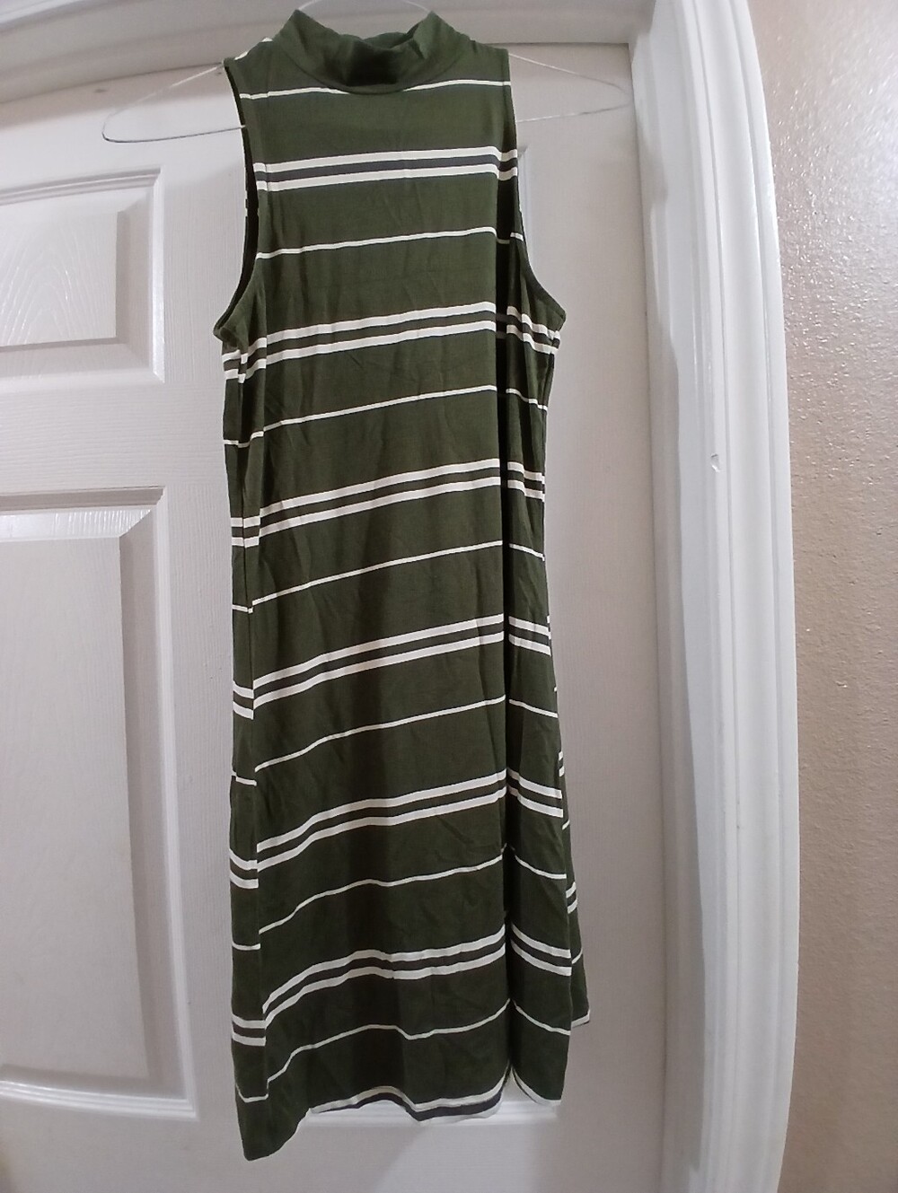 Sleeveless Olive Green Striped Mock Neck Dress